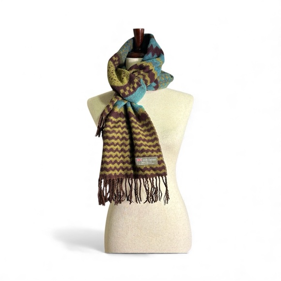 100% Cashmere Made in Scotland Brown and Blue Whimsical Patterned Scarf - Picture 1 of 7